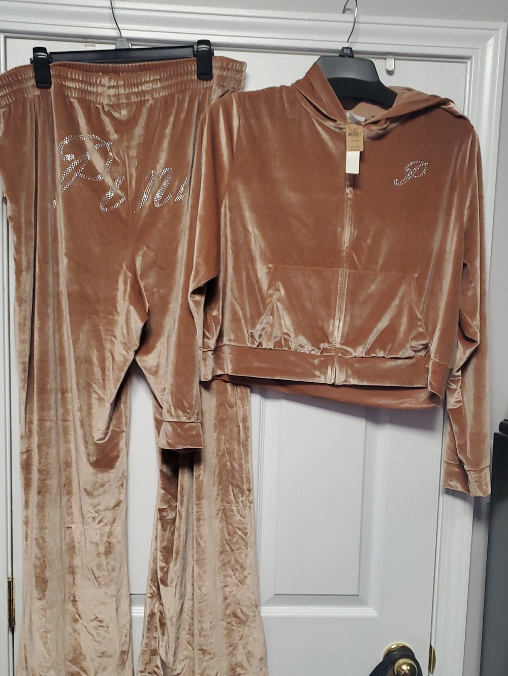Victoria's Secret Taupe Velour Hoodie & Lounge Pants Set with Rhinestone Logo